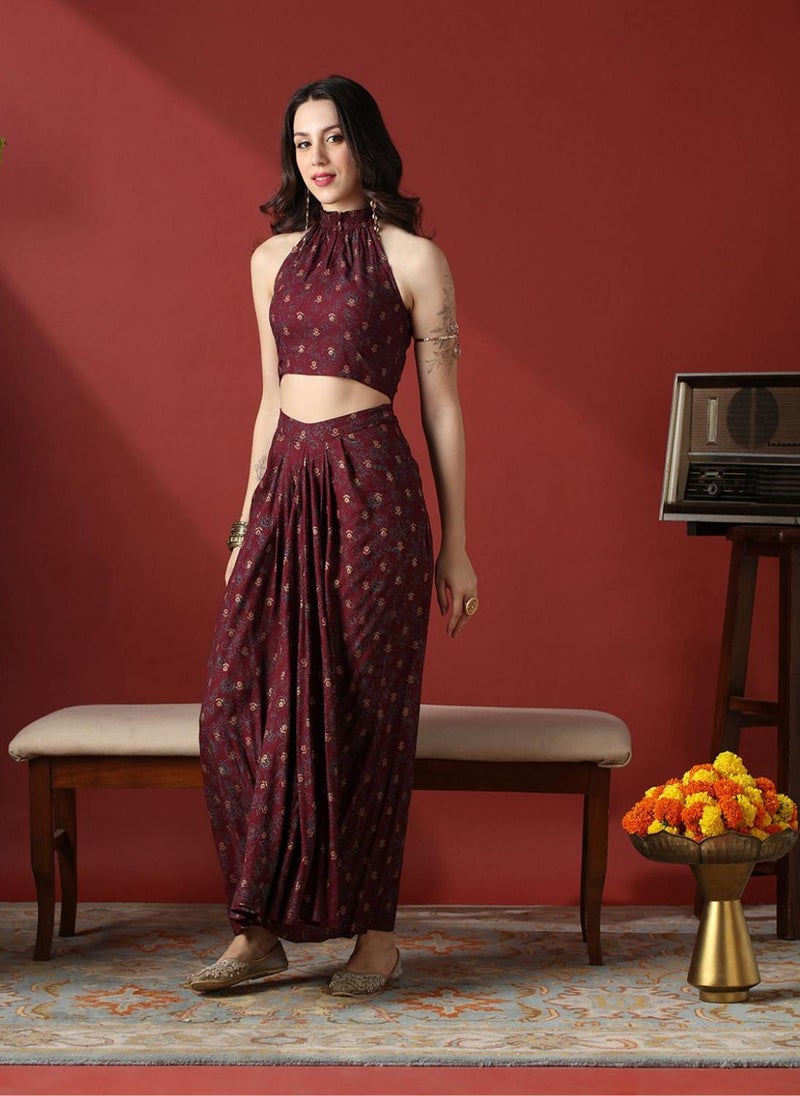 Globus Women Maroon Floral Print Smock Detail Halter Neck Crop Top With Pleated Maxi Skirt Fusion Co-Ord Set - Image 1